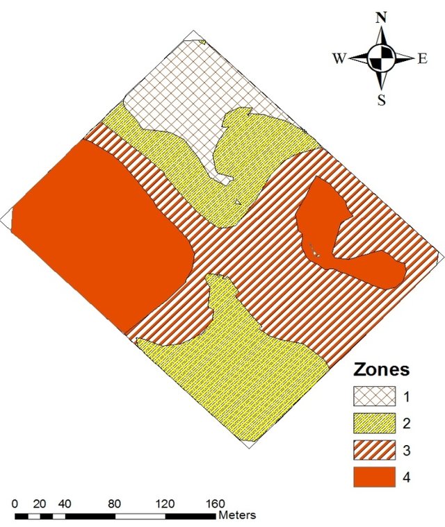 Proposed four management zones based on landscapes-attributes EC sand clay