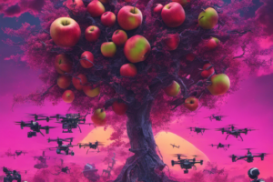 Apple tree surrounded by drones created by AI